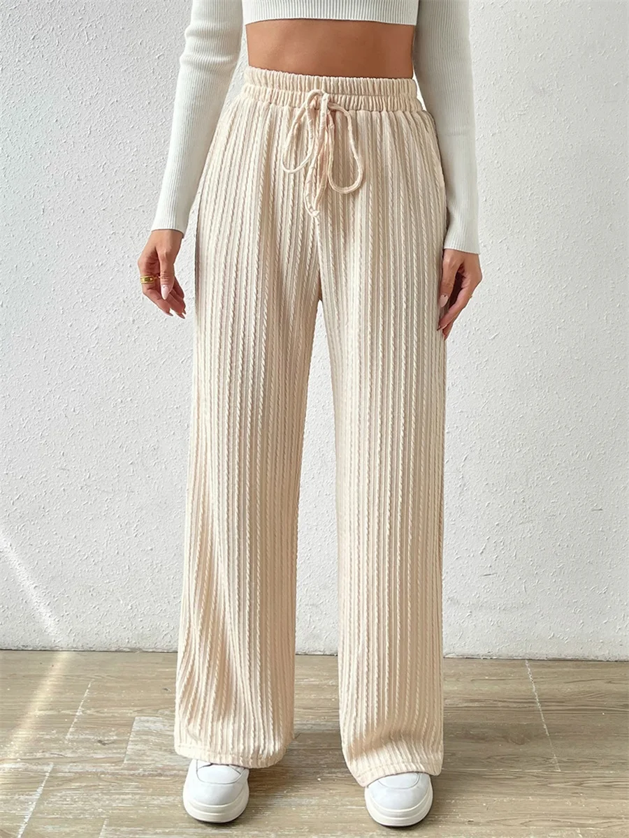 Women Knit Wide Leg Pants Textured Bow Elastic Waistband Loose Casual Pull On Sweater Trousers