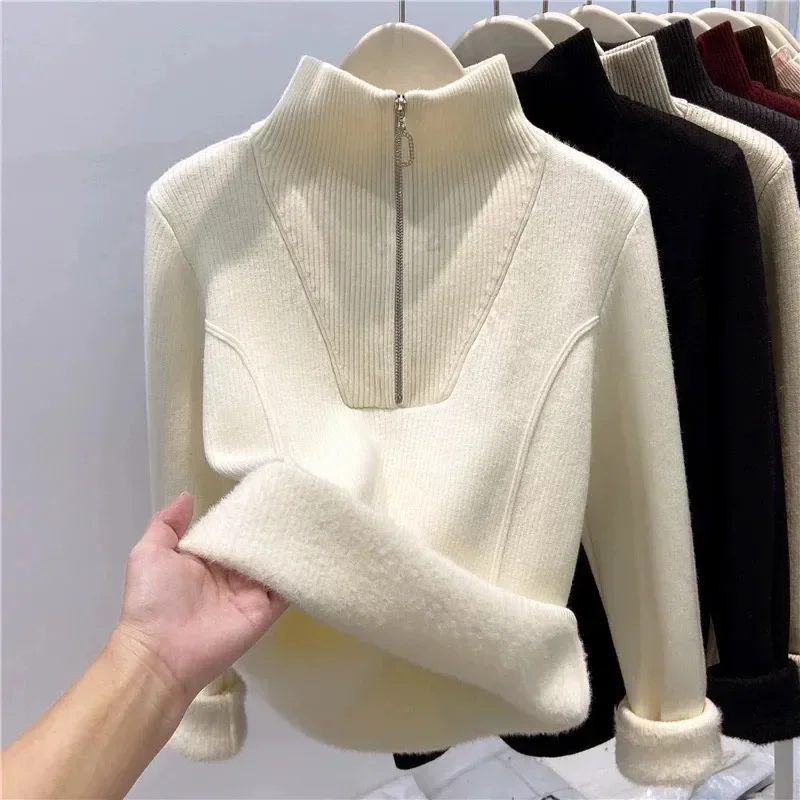 

Цельная толстая рубашка с полувысоким воротником, женская верхняя одежда, осень-зима 2026, новый теплый вязаный свитер с полумолнией и внутренней стороны, топы