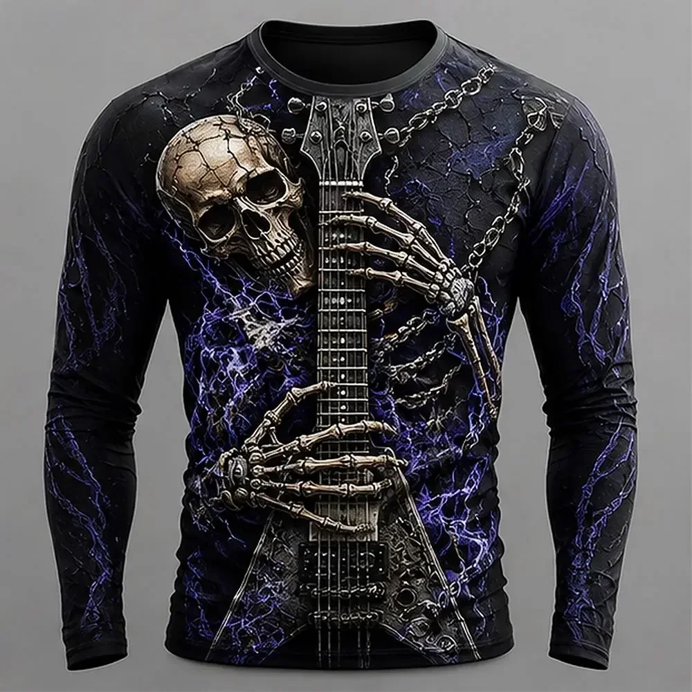 Mens Polyester Long Sleeve Tshirt 3D Full Print Burning Flame Skeleton Play Guitar Crew Neck Casual Streetwear Daily Top For Men