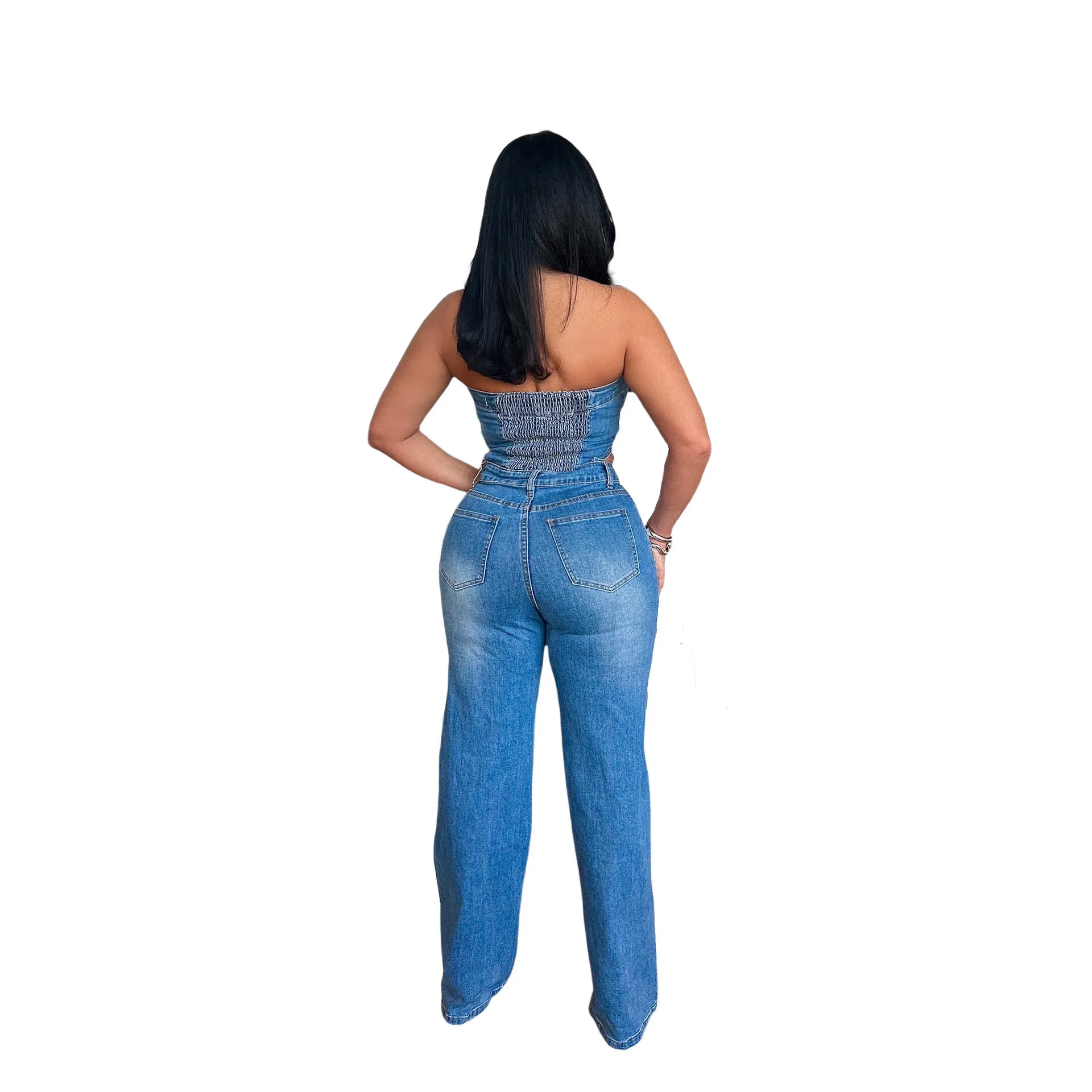 ผู้หญิงที่ไม่มีสายหนังไหล่เดียวSlimming DENIM Jumpsuitขากว้างตรงฤดูร้อน 2025 ใหม่แฟชั่น