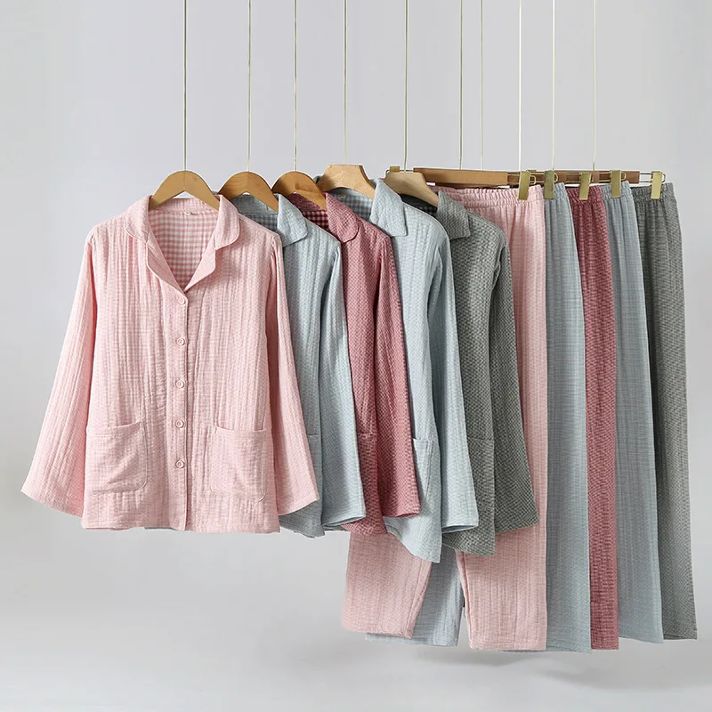 

Женский и мужской комплект пижам из 100% хлопка, 4-слойная марля, домашняя одежда, свободный крой, сатин, 2 предмета: рубашка и брюки, для сна и отдыха