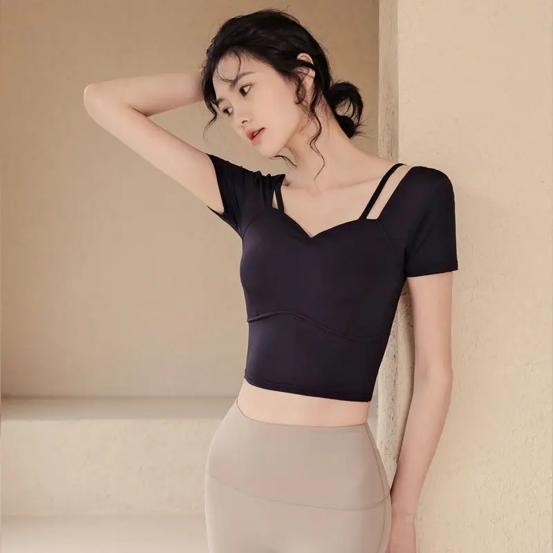 Sexy Backless Yoga Clothes with Chest Pad Short Sleeve V-Neck Fashionable Fitness Sportswear Women's Pure Desirable Elegant