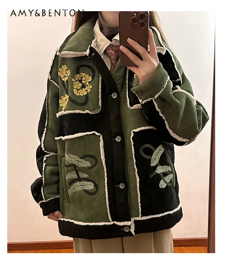 

Autumn Winter New Women's Suede Plant Embroidery Cotton Jacket Loose Casual Fleece Lined Thickened Green Turn-down Collar Coat