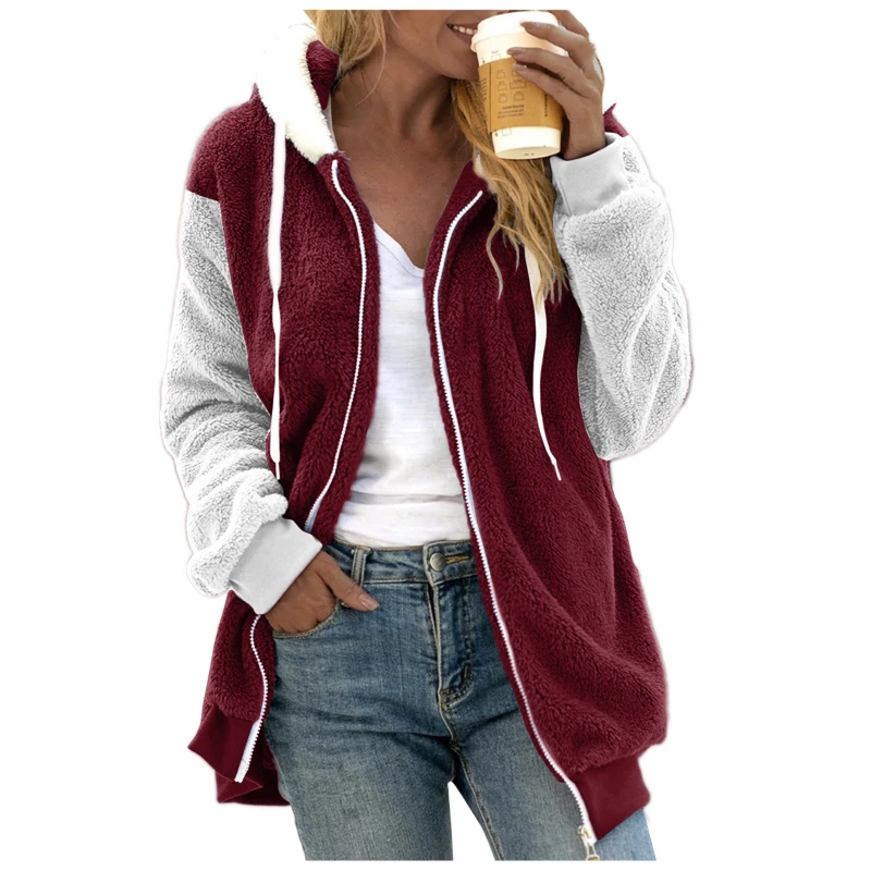 

Women Thickened Lamb Fleece Overcoat Autumn Winter Warm Solid Color Splicing Lined Hoodie Plush Zip Up Sweatshirts Plus Size