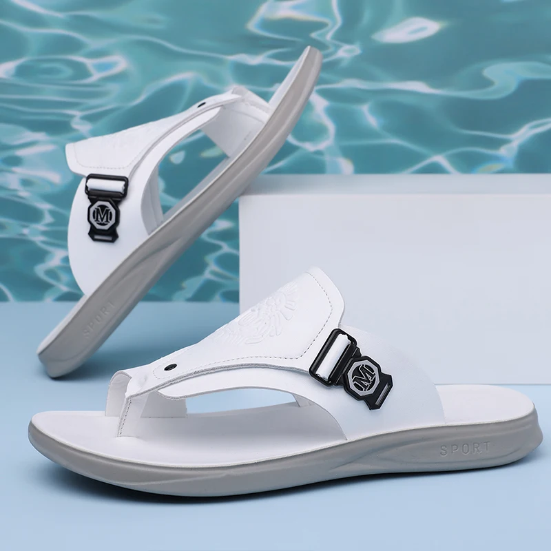 Men Summer Flip Flops Faux Leather Thong Sandals Casual Beach Shoes Flat Slip On Slippers Daily Indoor Outdoor Footwear