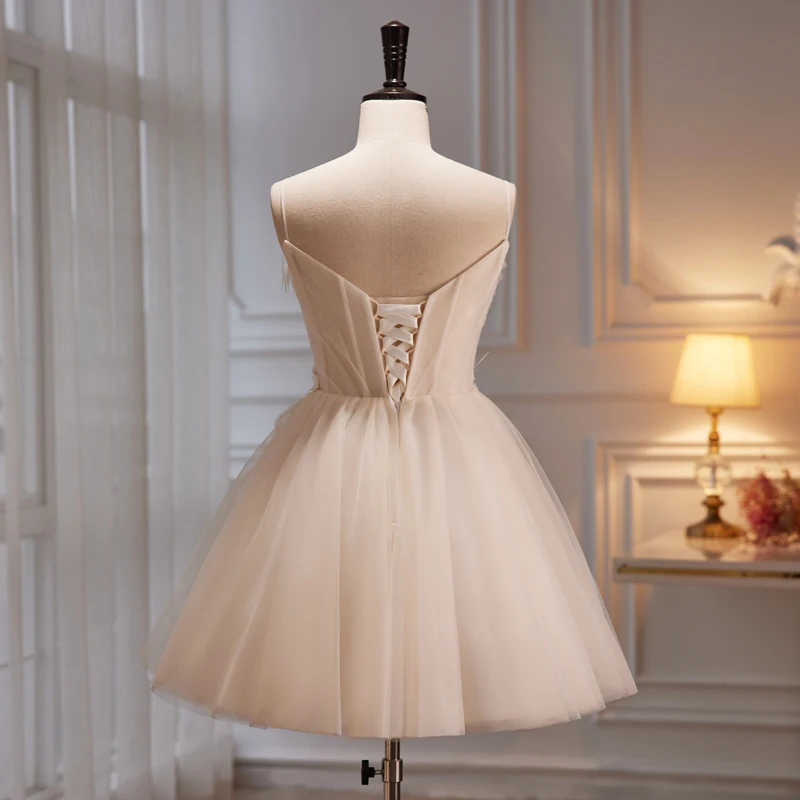 AnXin SH princesa off white flor renda alça espaguete sem mangas pena curto vestido de noite personalizado pequeno vestido branco