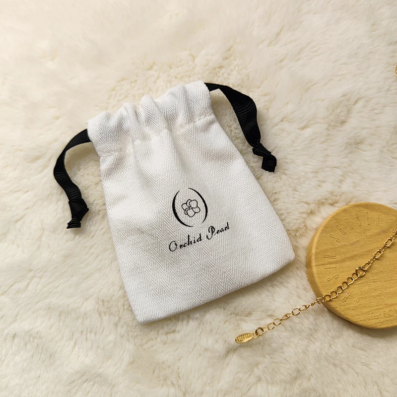 Custom Logo Printed Drawstring Cotton Canvas Jewelry Bag Small Canvas Gift Jewelry Pouch