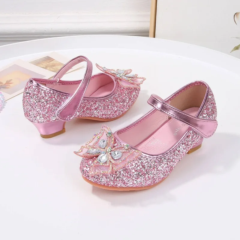 Mumoresip Children Sequin Leather Shoes Chic Bowknot Girl's High Heel Shoes Princess Non-slip Wedding Party Kids Dress Shoes