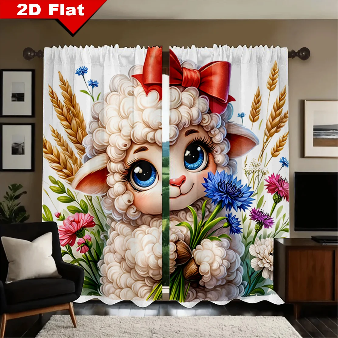 Cute Lamb Floral Curtain Nursery Window Decor Kids Cartoon Sheep Print Spring Room Drapes Wall Panel Accent