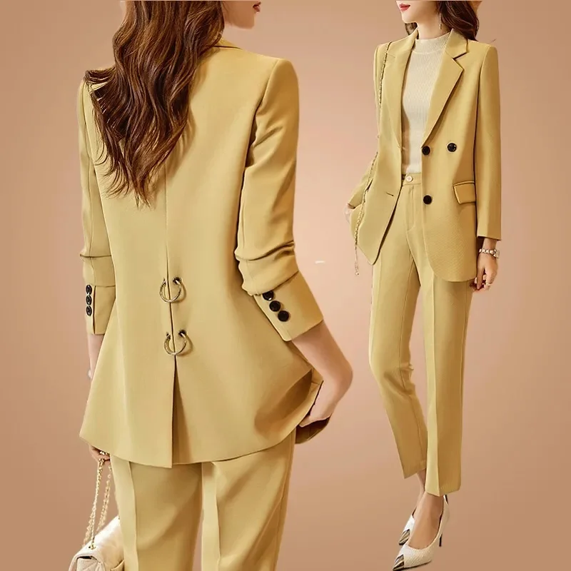 Korean Lady Career Suit 2PCS Spring Autumn Female Fashion Solid Color Tops Pants 2025 Women Leisure Large Size 4XL Two Piece Set