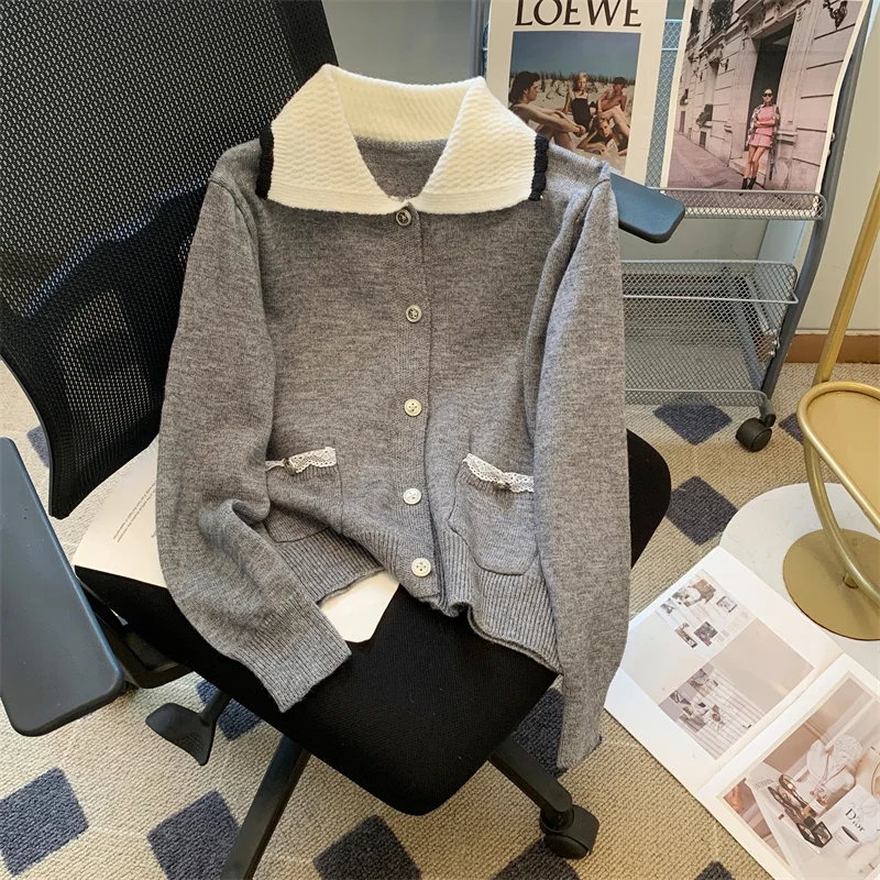 Grey POLO Collar Y2K Sweater Cashmere Jacket Women's Clothing Knitting Black Sweater Cardigan Vintage Fashion Autumn Tops