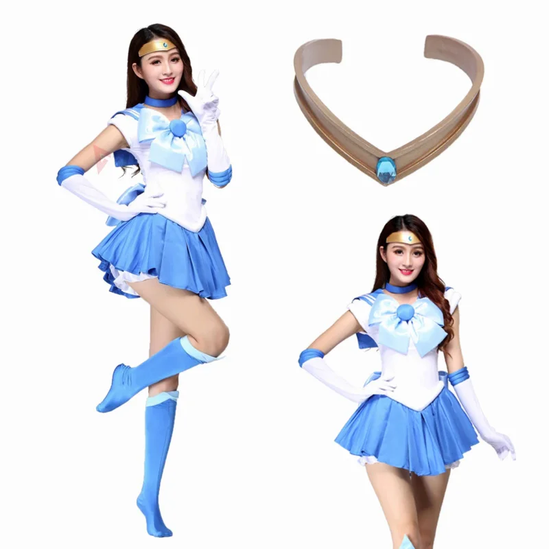 아테미스 애니메이션 세일러 아미 미즈노 세일러 머큐리 코스프레 코스튬, 맞춤형 원피스 활 장갑, 어린이 성인용 양말 머리띠