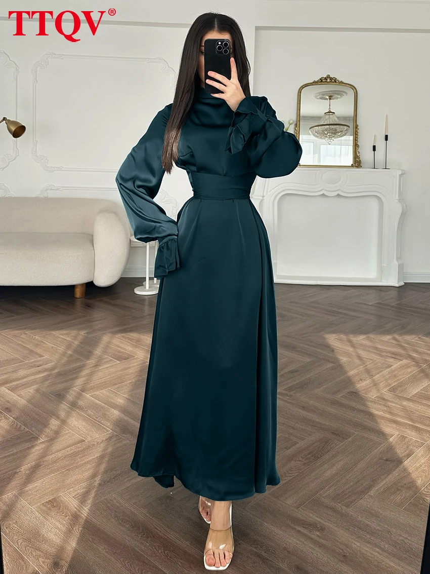 

TTQV Spring Loose Green Satin Women Dress Fashion Stand Collar Long Sleeve Ankle Length Dresses Elegant High Waist Female Dress