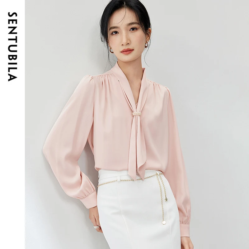 

SENTUBILA Classic Office Lady Blouse Women 2024 Autumn Straight Lace-up Collar Long Sleeve Solid Simple Tops Ladies 143C56765X