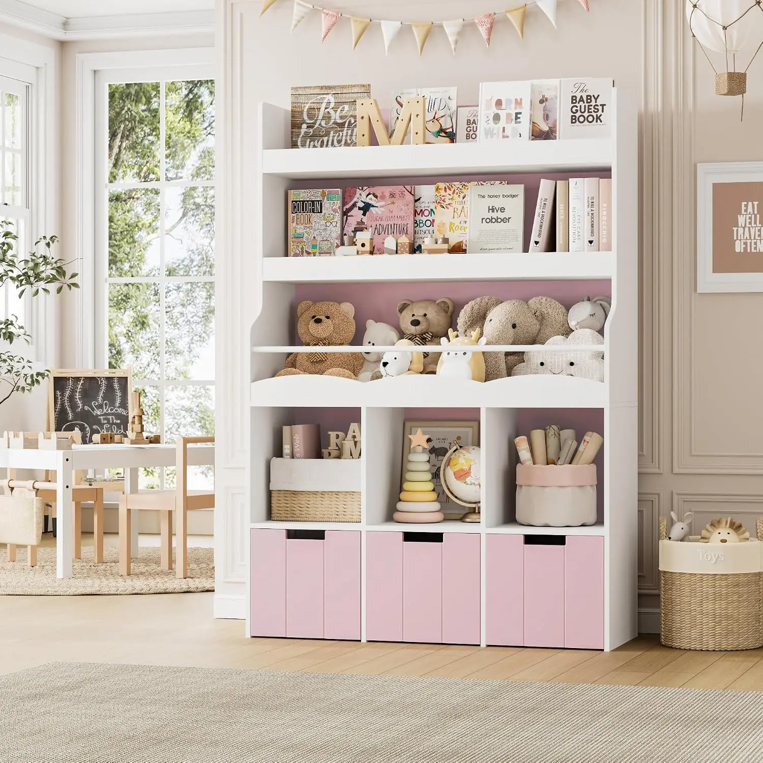 Toy Storage Organizer w/Bookshelf & Stuffed Animal Holder, Pink, Customized