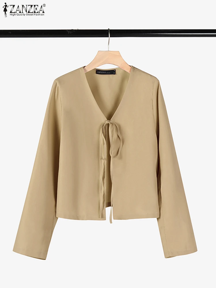 Zanzea elegante decote em v cover-up feminino rendas até comute cor sólida cardigans frente aberta manga longa 2025 primavera camisas casuais