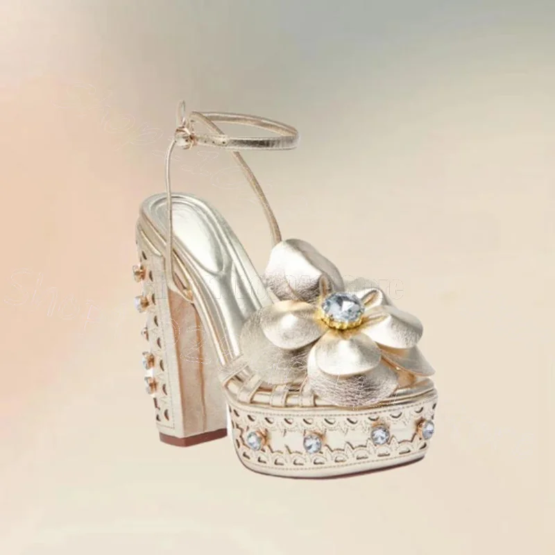 

Gold Appliques Design Crystal Platform Sandals Buckle Strap Women Shoes Chunky High Heels Party Dating 2025 Zapatos Para Mujere