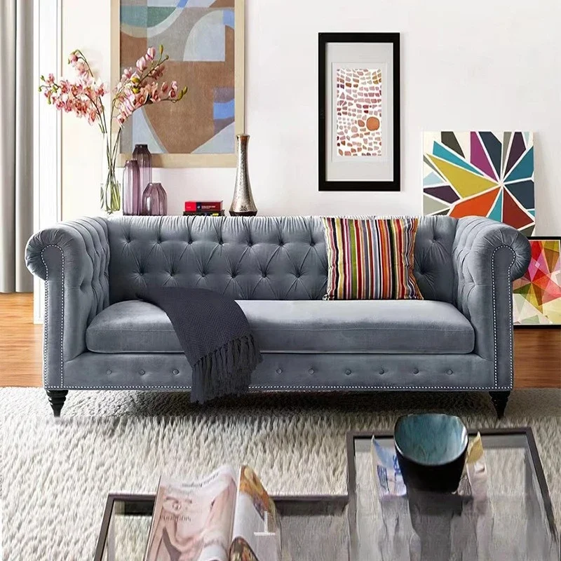 Simple American light luxury, living room fabric sofa, Nordic buckle velvet three-person, small apartment Hong Kong-style studio