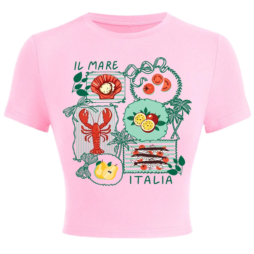 The Coastal Charm Of Italy Prints Women Crop T-Shirts Summer Soft High Elastic Tops Y2K Fitting Slim Tees Casual O-Neck Clothes