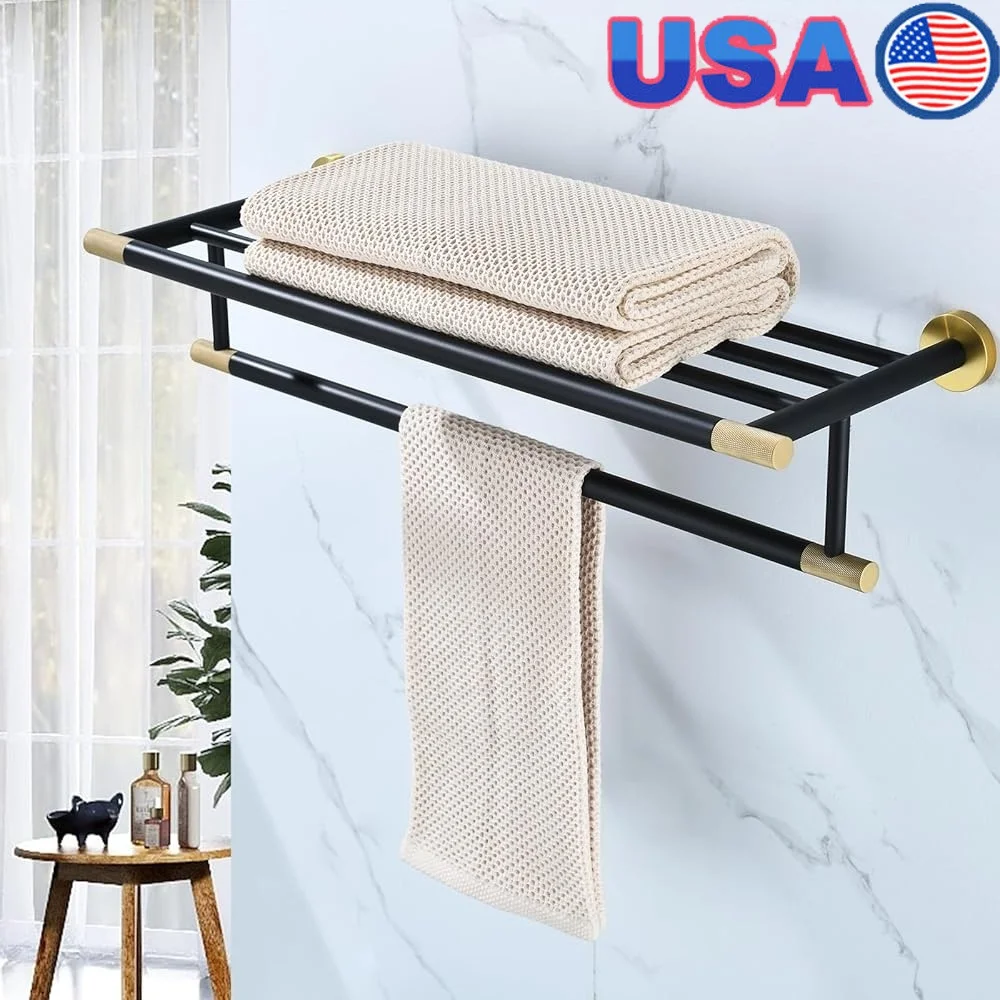 

Вешалка для полотенец из матового золота, 24-дюймовая настенная полка для полотенец, двойной стержень из нержавеющей стали, компактный органайзер, простая установка