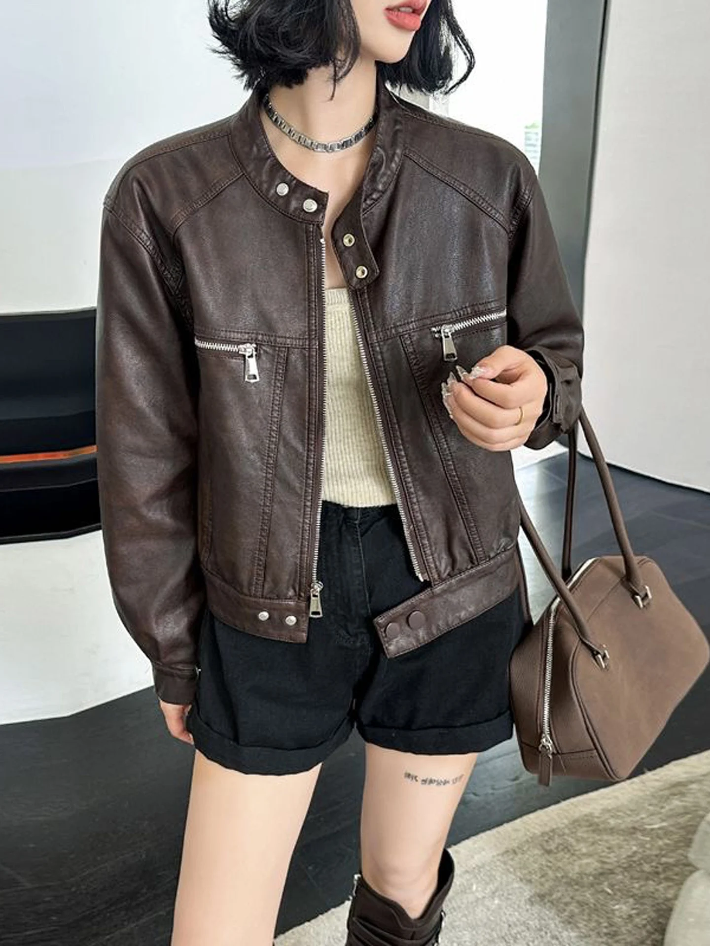 Stylish Leather Jacket Women's Fashionable Autumn New Arrival Premium Motorcycle Jacket Small Size Popular Mermaid Top