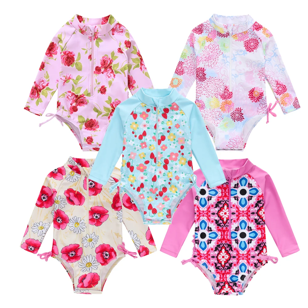 2023 Summer Toddler Baby Girl Swimsuit Cute Long Sleeve Infant One-piece Floral Newborn Baby Swimwear Swimming Costume Bikini