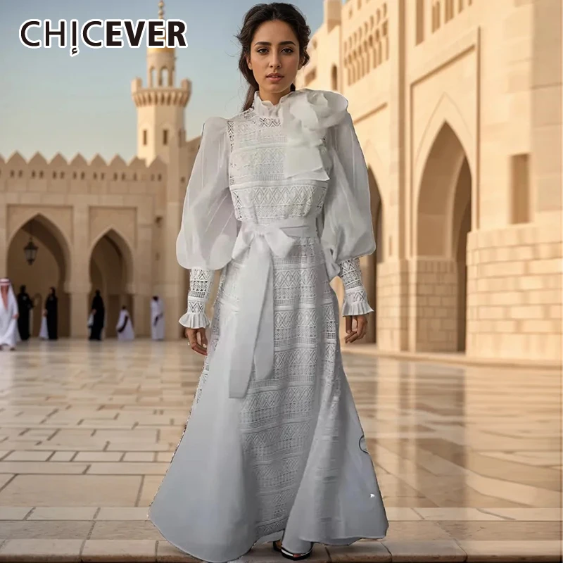 

CHICEVER Elegant Spliced Appliques Long Dresses For Women Stand Collar Lantern Sleeve High Waist Patchwork Lace Up Dress Female