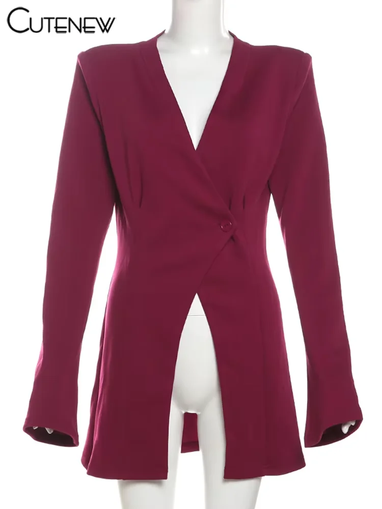 معاطف نسائية كلاسيكية متينة من Cutenew موضة الخريف بأكمام كاملة وزر واحد ورقبة على شكل حرف v سترات ضيقة للسيدات قطع علوية أساسية للدفء في الشارع #6