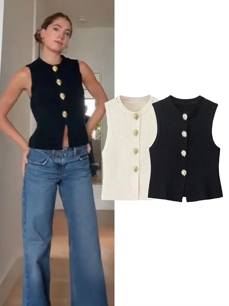 

HH женский осенний модный однотонный вязаный жилет с круглым вырезом женский элегантный простой золотой пуговицы повседневные тонкие двухцветные топы без рукавов