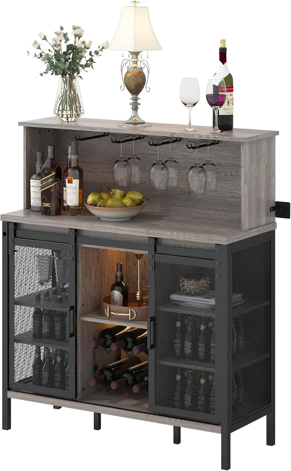 QNICE LED Industrial Wine Bar Cabinet for Liquor and Glasses/Sliding Barn Door Coffee Bar Cabinet with Light/Farmhouse Sideboard