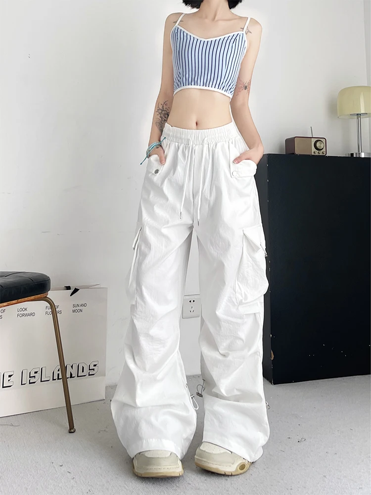 Women's White Baggy Cargo Pants Streetwear Harajuku Japanese 2000s Style Pants Y2k Parachute Pants Vintage Trousers Clothes 2024