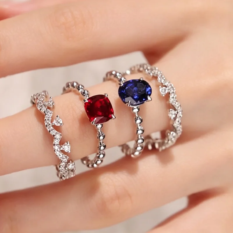 Bellux 925 Silver Synthetic Zircon Ring Sapphire Ruby Four Claw Red Blue Multiple Ways To Wear Layer Stacked Set Rings