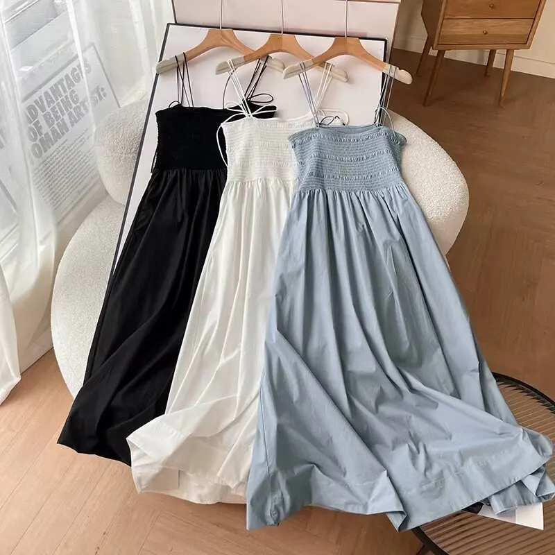 

French tea break suspender dress for women summer high-end waist slimming platycodon long dress