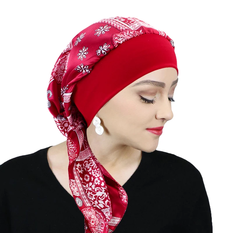 Printed Pre-tie Headscarf Women Elastic Muslim Female Turban Cancer Chemo Hat Hair Loss Cover Head Wrap Headwear Stretch Bandana