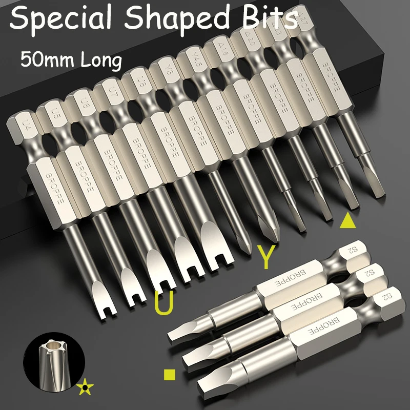 U-Shaped Y-Shaped Triangle Square Five-Star Screwdriver Bit Magnetic Screwdriver Length 50mm 1/4 Inch Shank S2 Steel Tool