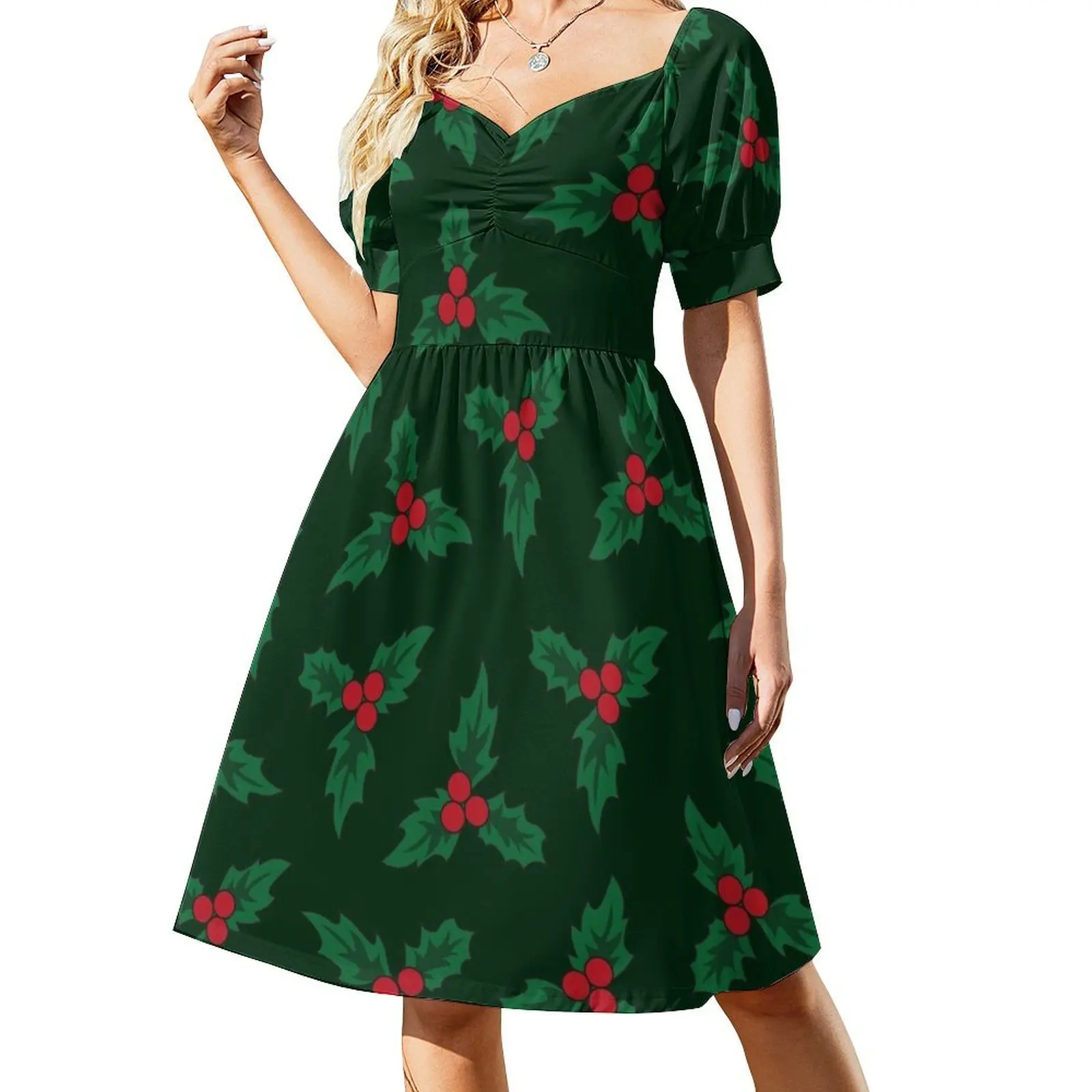 

Christmas Holly Pattern Short Sleeved Dress prom dresses evening dresses luxury 2025 luxury woman party dress Dress