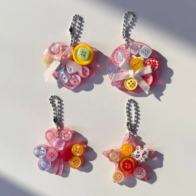 Pink Glitter Resin Keychain for Girls Cute Colorful Buttons Bow Heart Star Clover Pendant Bag Charm Party Favor Souvenir