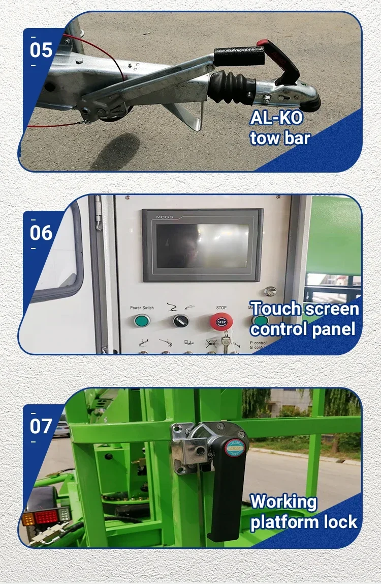 Two Wheels Towable Boom Lift Manual Towable Boom Lift Small Electric Articulated Boom Lift 355 Degree