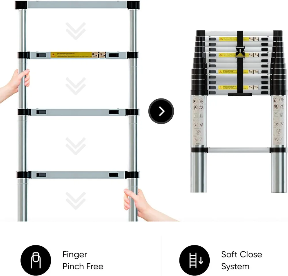 Escada telescópica dobrável, escada extensível de alumínio com 2 ganchos destacáveis, extensão telescópica retrátil, 12,5 pés