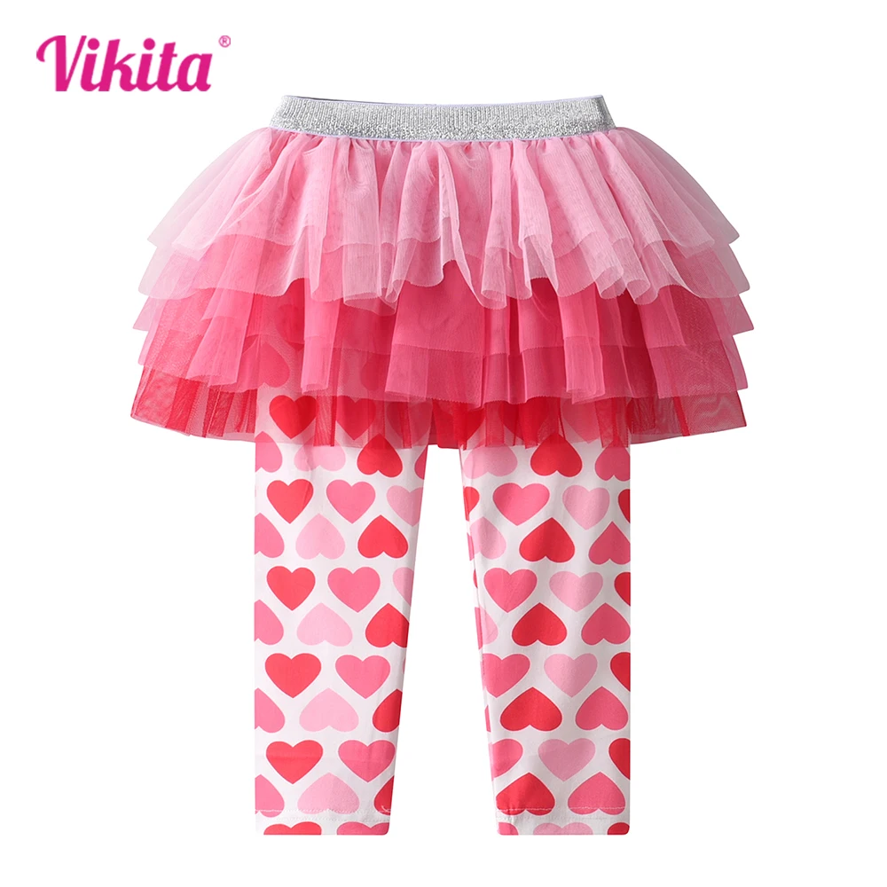 

VIKITA Girls Heart Shape Print Pantskirt with Mesh Tulle Tutu Skirts Kids Pink Pencil Pants Trousers Girls Cute Skinny Leggings