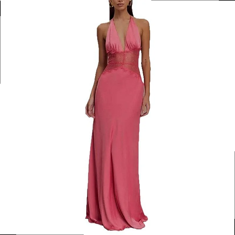 Elegant Deep V Silk Satin Maxi Dress Summer Spring Satin Dresses Sexy Backless Tie Waist view 6