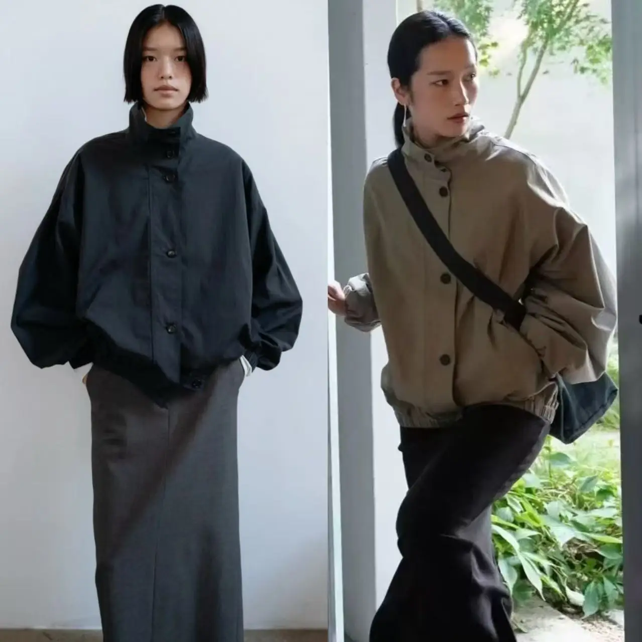 Loose Fit Casual Monoha Stand Collar Jacket Button Design Korean Style Women's Short Outerwear Long Sleeve Pure Color