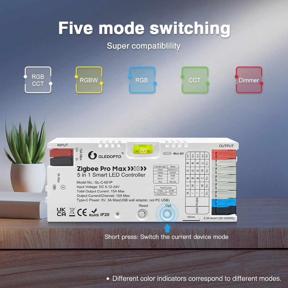 ZigBee 3.0 Pro Max LED Controller 5in1 Max 15A Pluggable Fuse App Voice GL-C-601P for RGBCCT RGBW RGB CCT Dimmer LED Strip Light