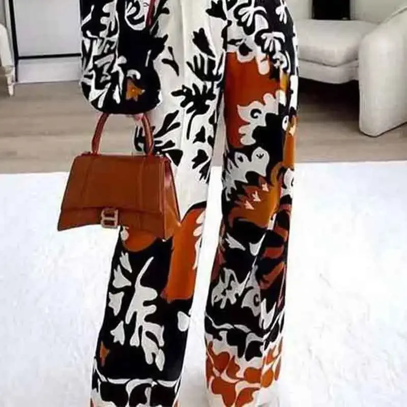 Fashions Printed Two Piece Set Women 2023 Autumn New Pant Sets Lapel Long Sleeve Shirts High Waist Wide Leg Pants Suits Casual