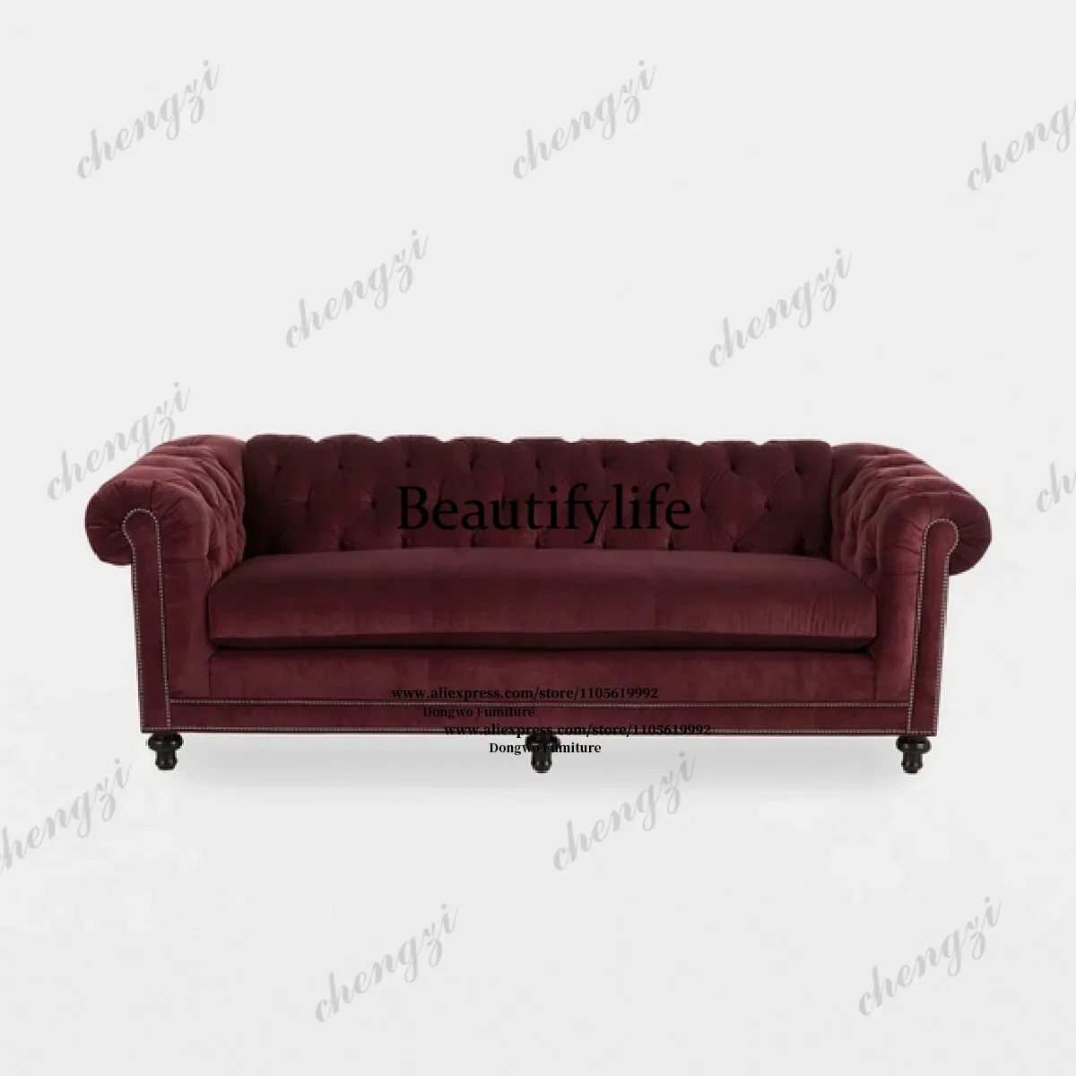 132 British classical rivet buckle sofa wine red velvet fabric straight row three person living room hotel commercial sofa