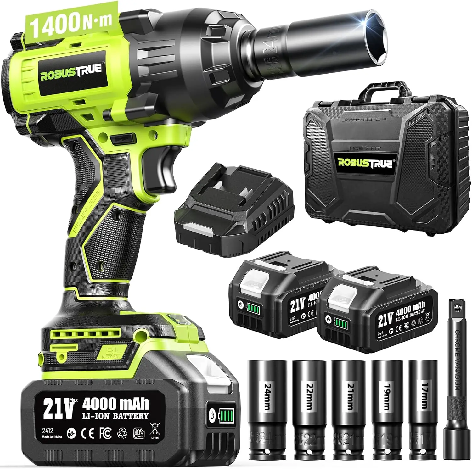

1400N.m (1032ft-lbs) Cordless Impact Wrench, 1/2 High Torque Brushless Impact Gun,2400RPM Power, 2 x 4.0Ah Batteries for Makita