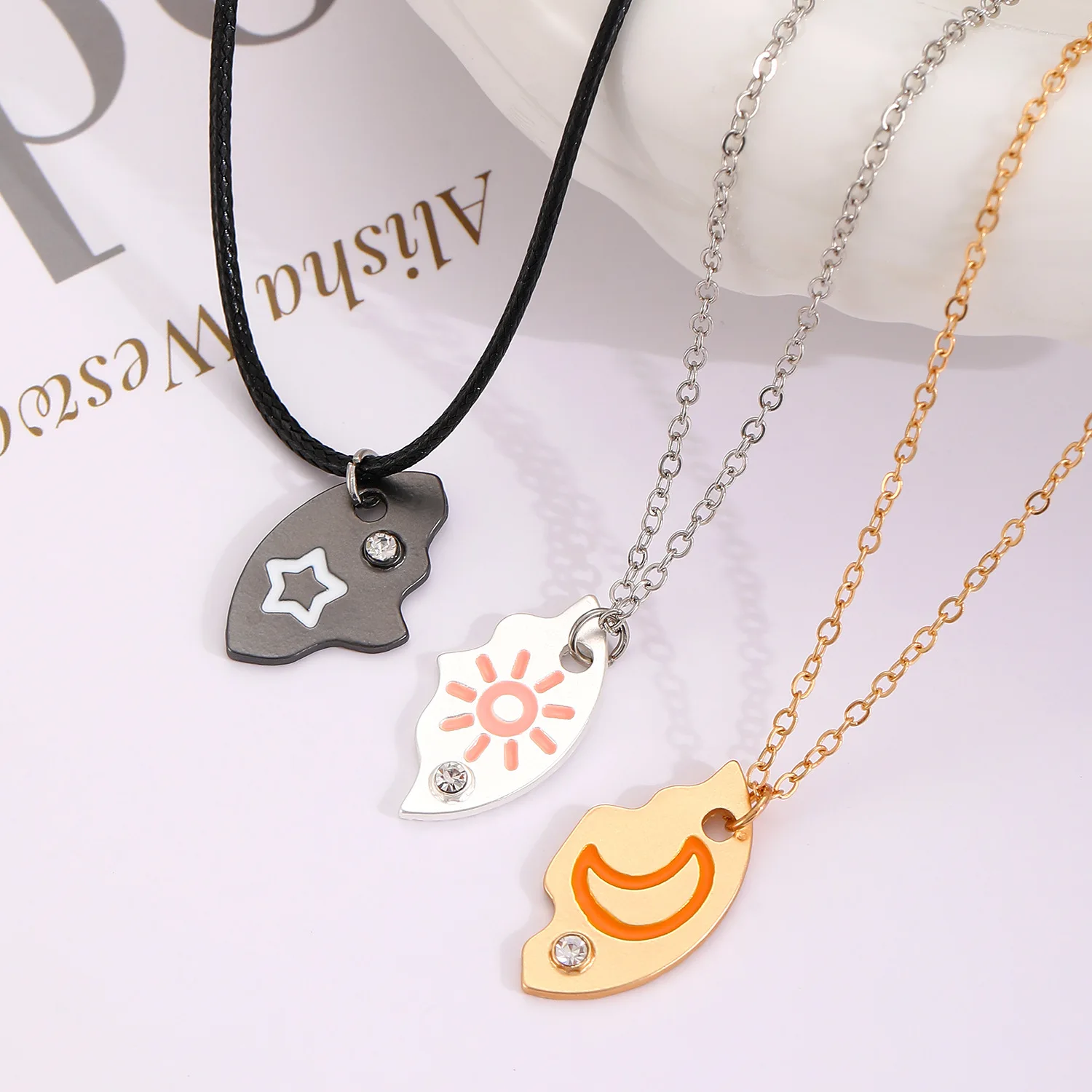New Three-piece Pendant Necklace Best Friend Zircon Sun Star Moon Letter Friendship Choker Rope Chain 2025 Fashion Jewelry Gift
