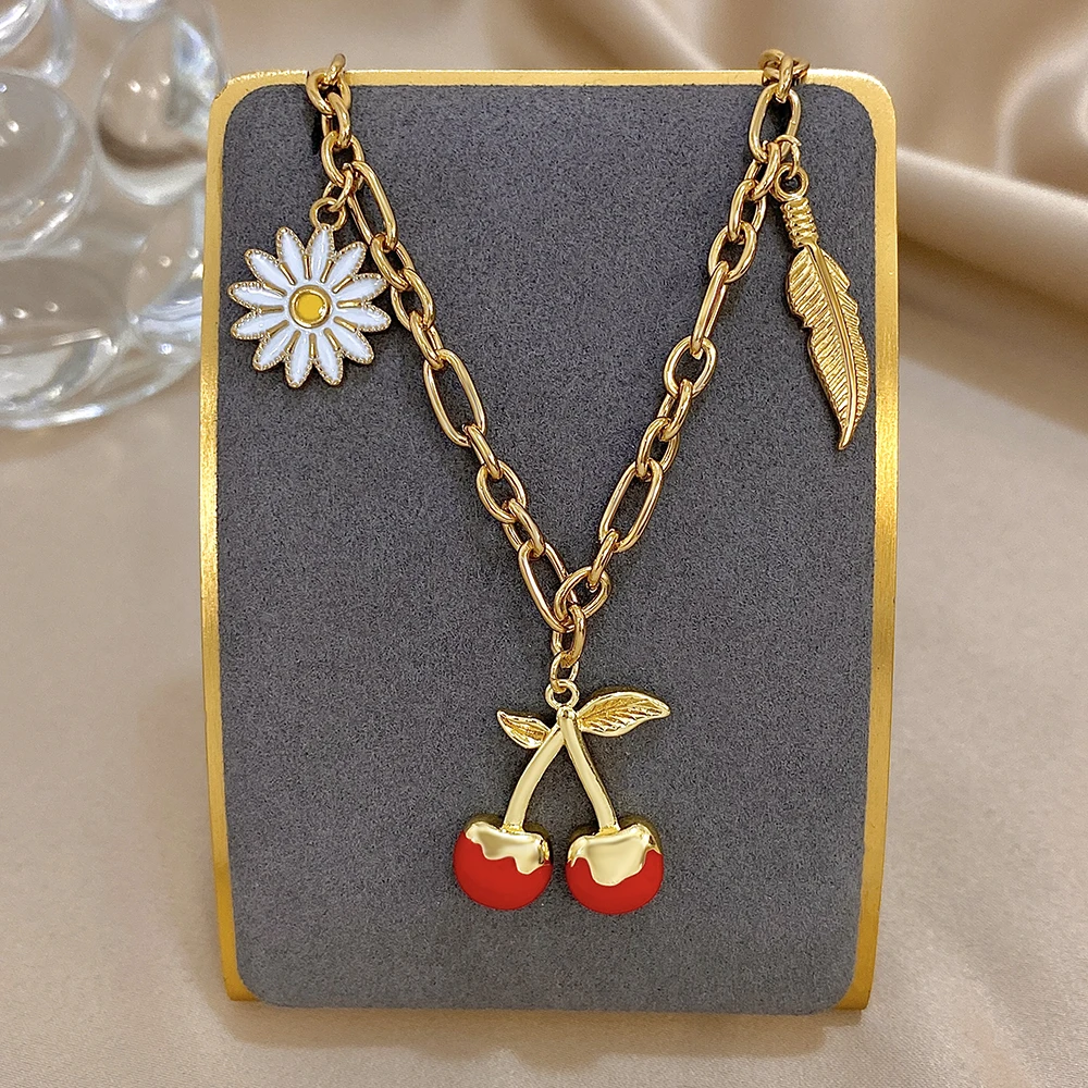 

Sweet Enamel Cherry Daisy Leaf Pendant Necklace For Women New Fashion Stainless Steel Choker Collar Waterproof Charms Jewelry ﻿