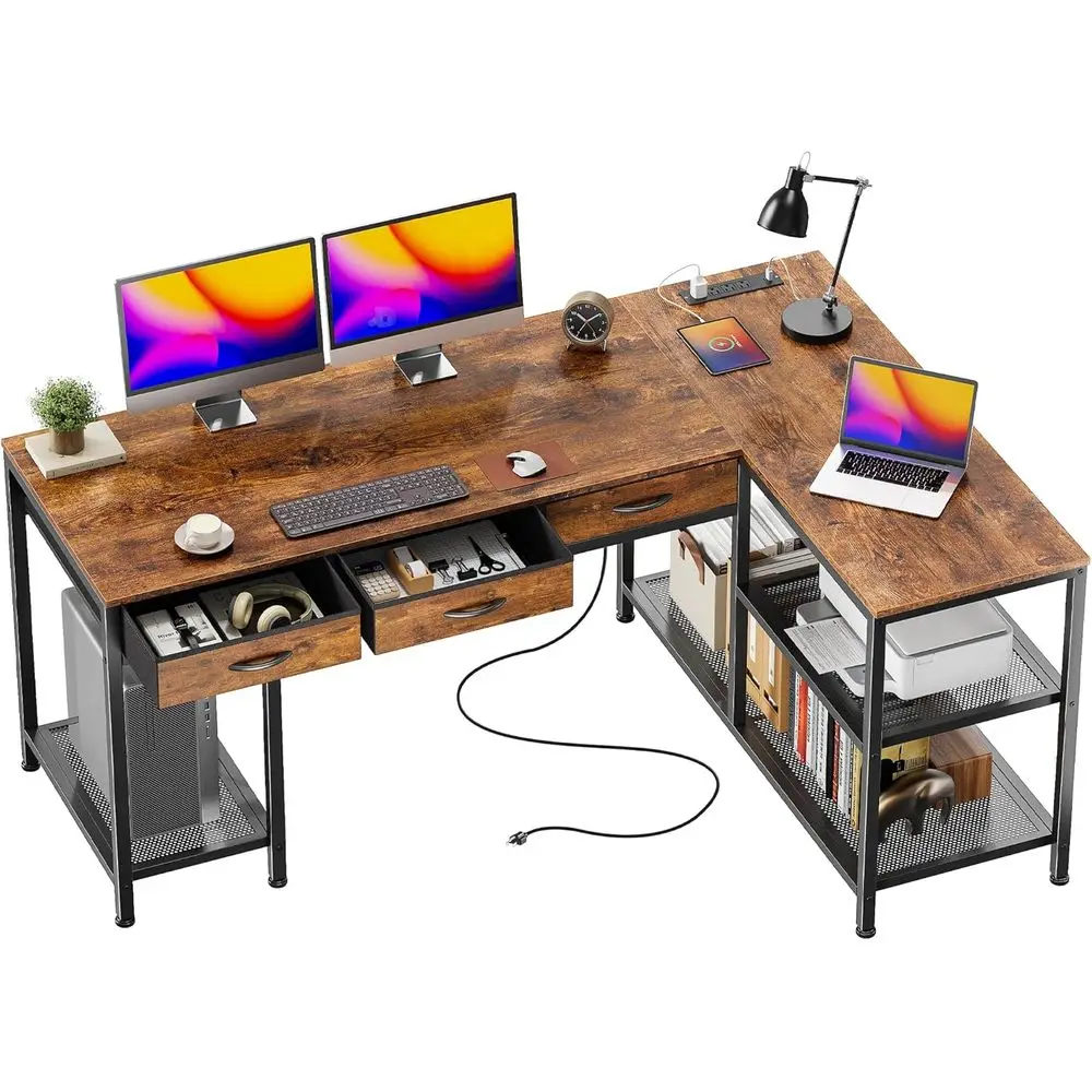 55 L-Shaped Gaming Desk with Power Outlets, Type-C Port, Fabric Drawers, Mesh Shelves, Rustic Brown