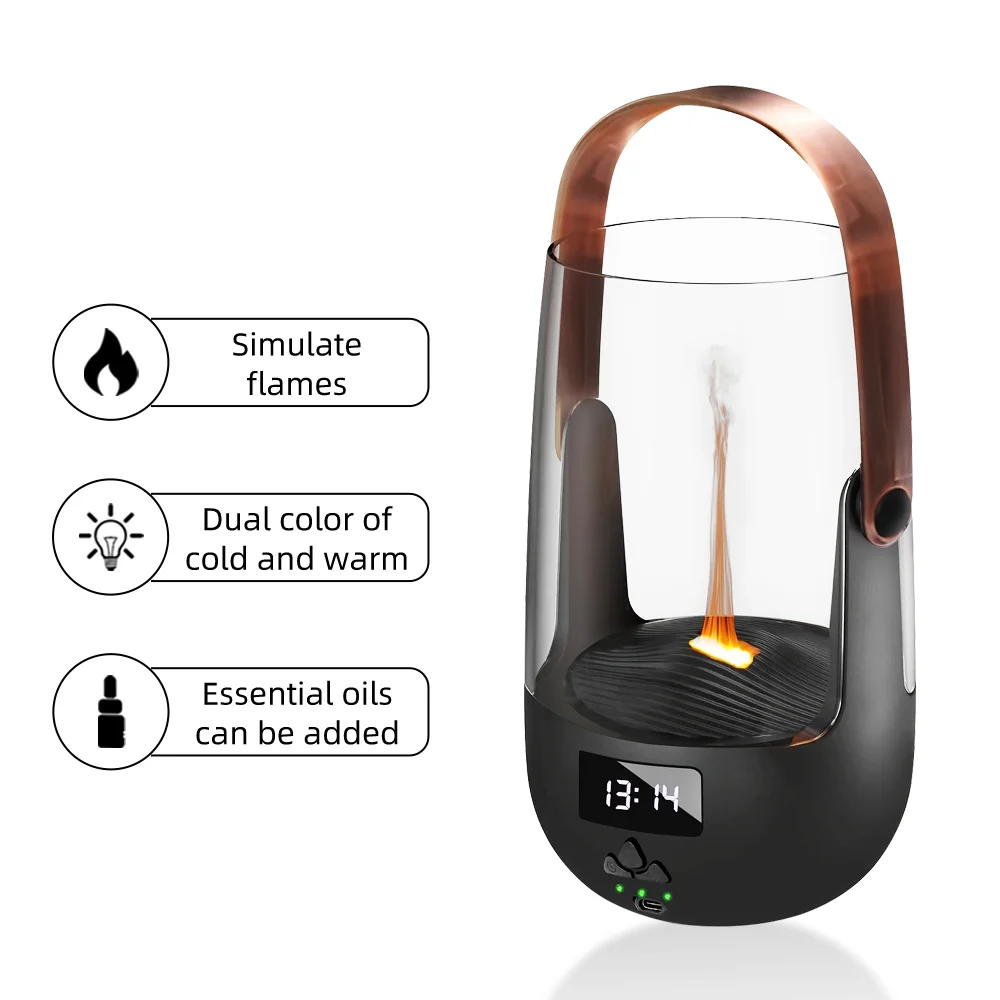 200ML Aroma Diffuser Retro Design Flame Effect Humidifier with 3 Timer Settings Dry-Run Protection Creates Cozy Atmosphere